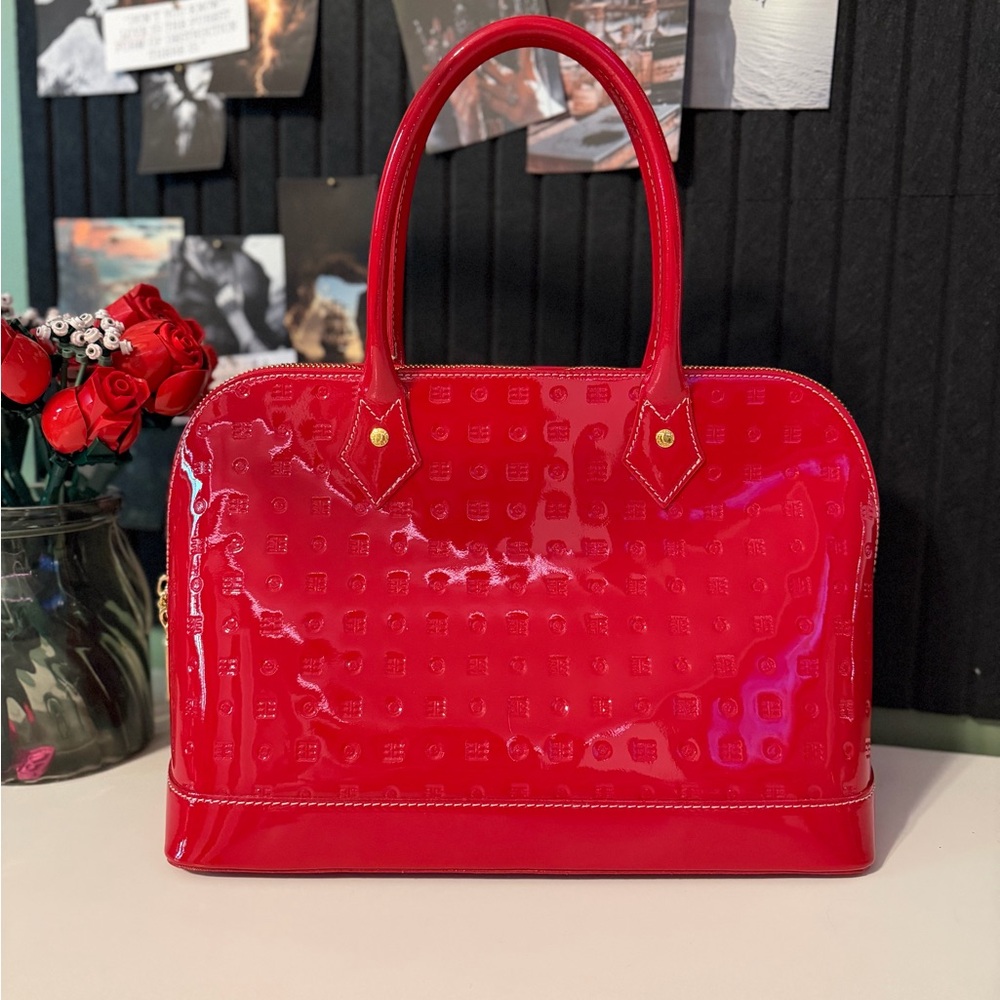 Arcadia Genuine Patent Leather Red Dome Satchel Top Handle Bag